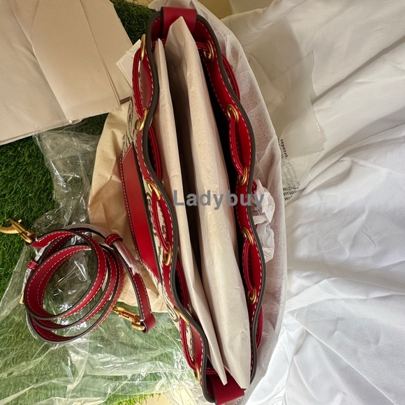 ❇️Tory Burch T Monogram Jacquard Bucket Bag Crossbody Hazelnut Tory Red Gold - Picture 4 of 8